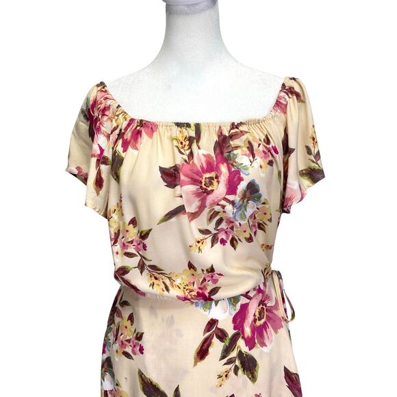 BAND OF GYPSIES Maxi Dress Sz M Floral Faux Wrap Beige Pink Flutter Sleeve Boho - Picture 3 of 10